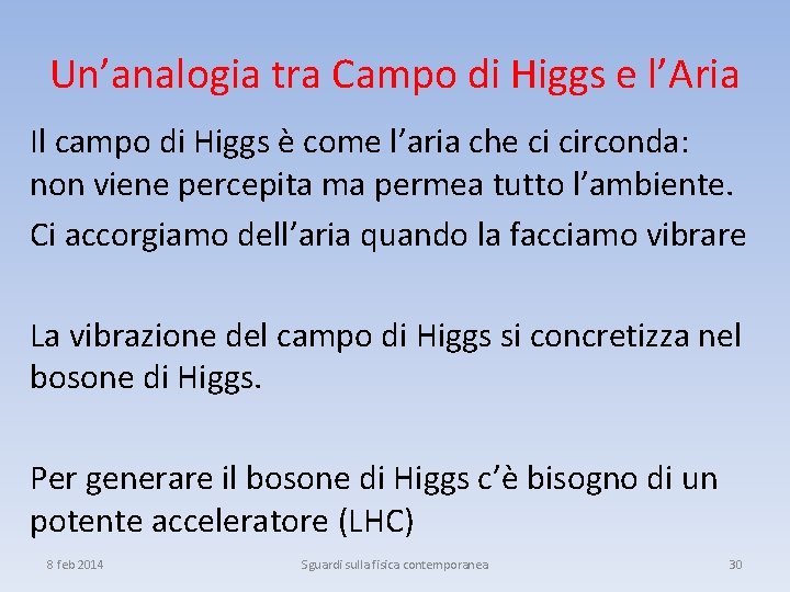 Un’analogia tra Campo di Higgs e l’Aria Il campo di Higgs è come l’aria