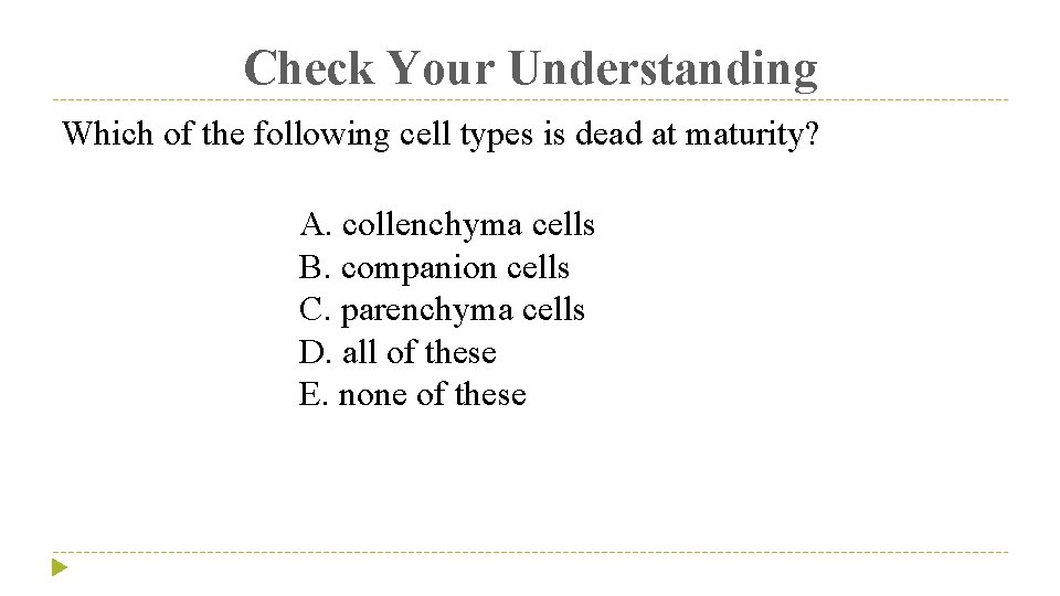 Check Your Understanding Which of the following cell types is dead at maturity? A.