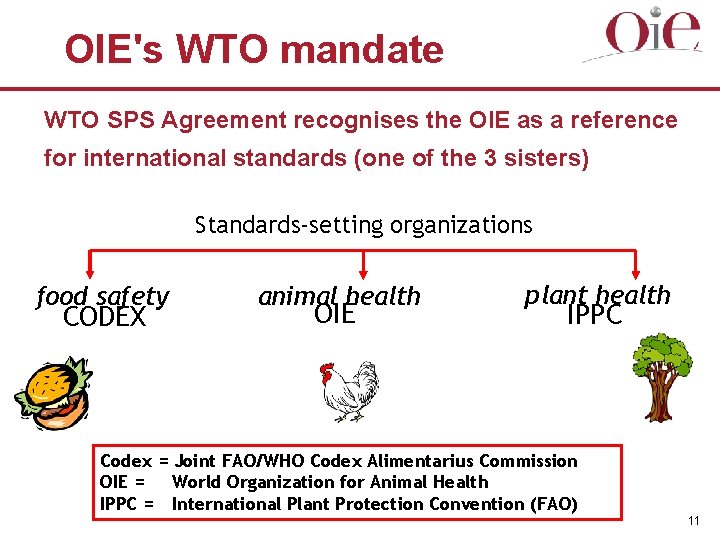 OIE's WTO mandate WTO SPS Agreement recognises the OIE as a reference for international