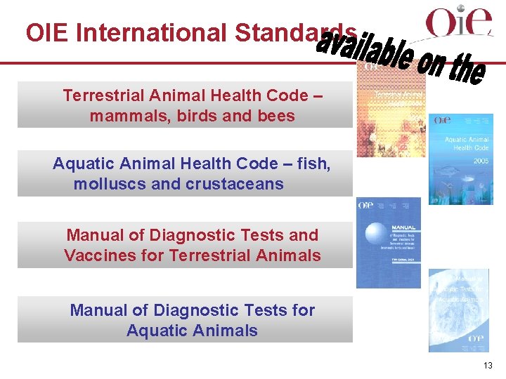 OIE International Standards Terrestrial Animal Health Code – mammals, birds and bees Aquatic Animal