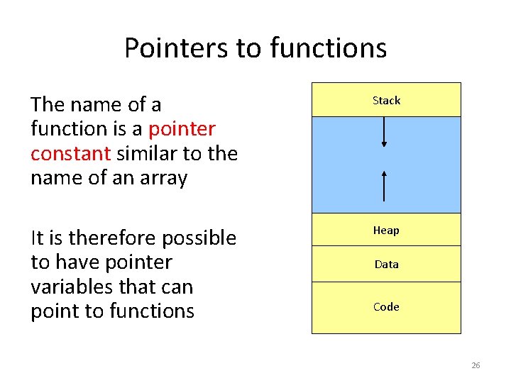 Pointers to functions The name of a function is a pointer constant similar to Pointers to functions The name of a function is a pointer constant similar to