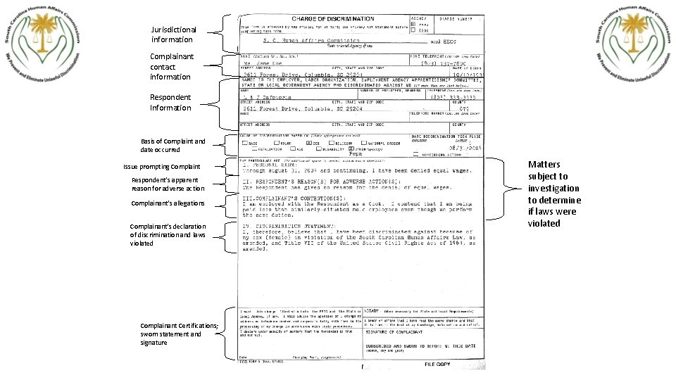 Jurisdictional information Complainant contact information Respondent Information Basis of Complaint and date occurred Issue