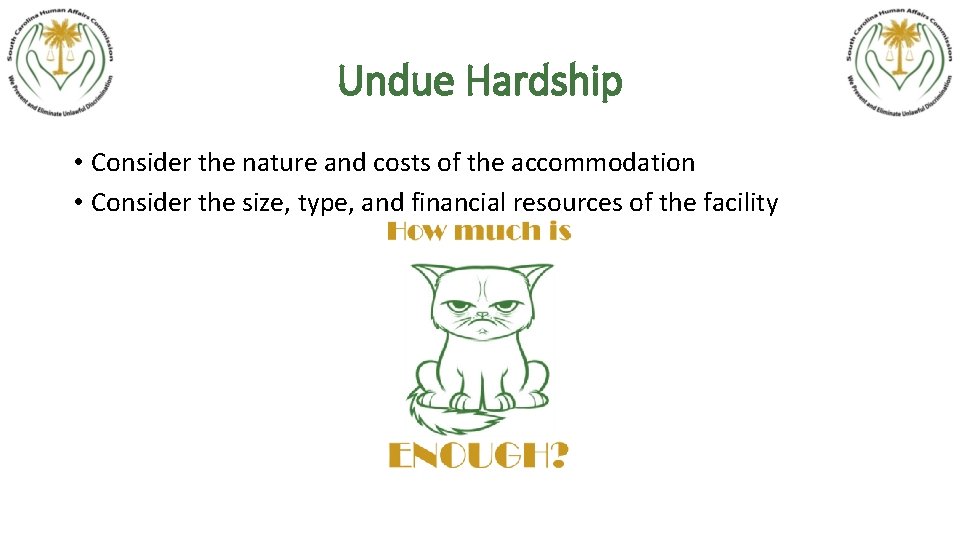 Undue Hardship • Consider the nature and costs of the accommodation • Consider the