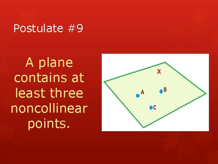 Postulate #9 A plane contains at least three noncollinear points. 