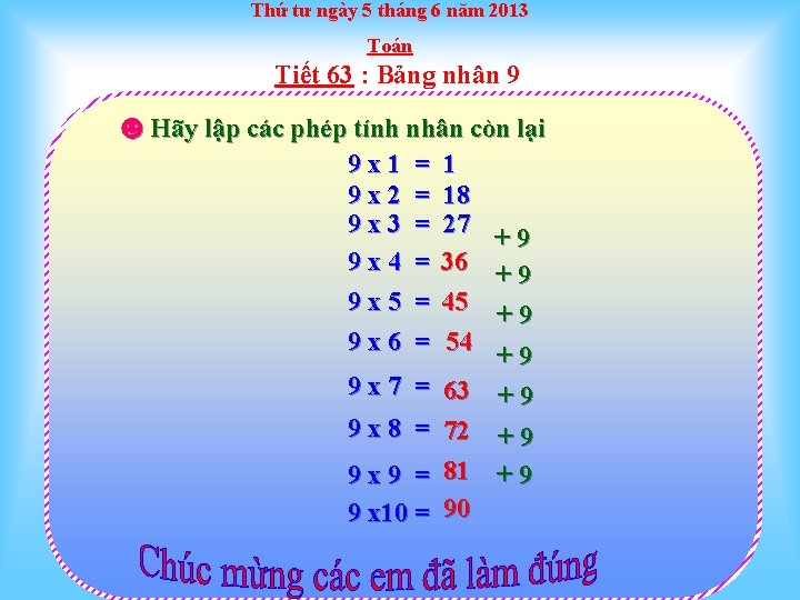 Thứ tư ngày 5 tháng 6 năm 2013 Toán Tiết 63 : Bảng nhân