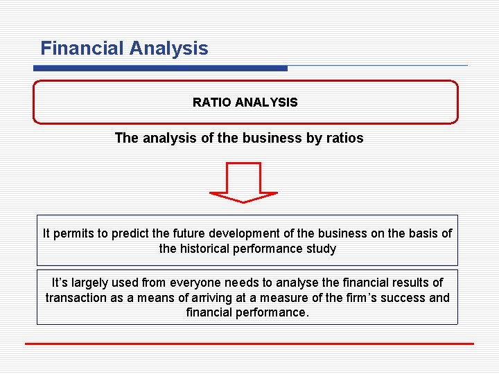 Financial Analysis RATIO ANALYSIS The analysis of the business by ratios It permits to