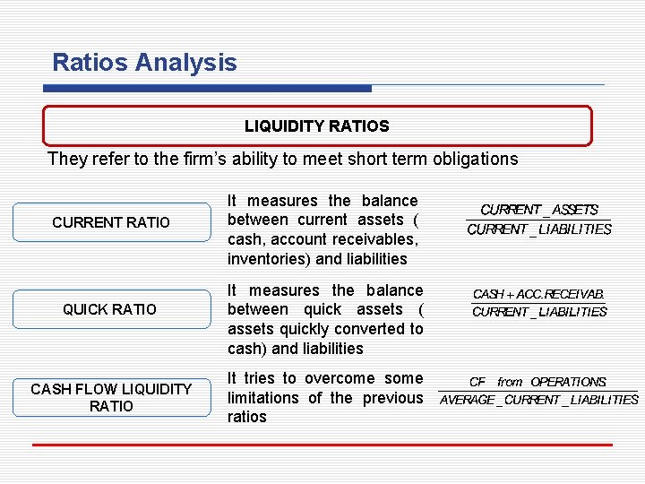 Ratios Analysis LIQUIDITY RATIOS They refer to the firm’s ability to meet short term