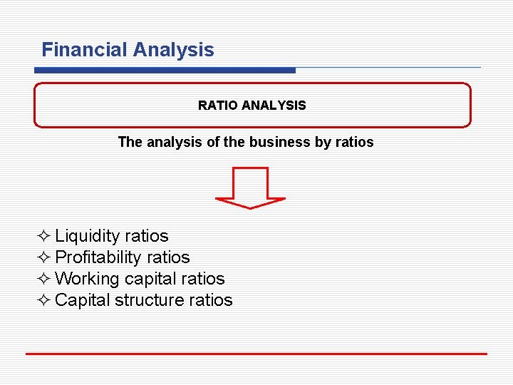 Financial Analysis RATIO ANALYSIS The analysis of the business by ratios ² Liquidity ratios