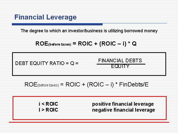 Financial Leverage The degree to which an investor/business is utilizing borrowed money ROE(before taxes)