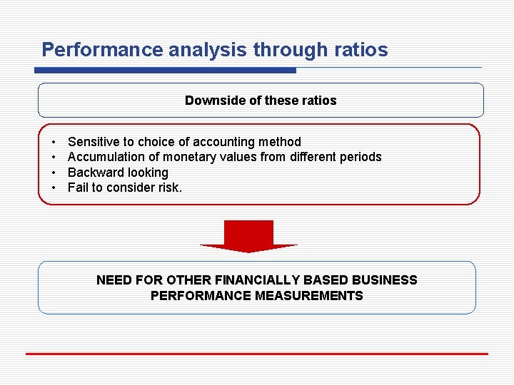 Performance analysis through ratios Downside of these ratios • • Sensitive to choice of