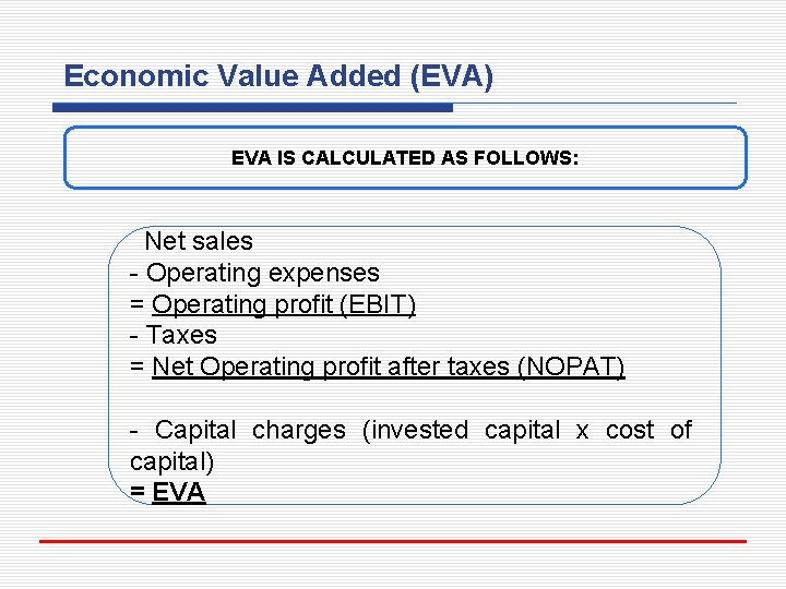 Economic Value Added (EVA) EVA IS CALCULATED AS FOLLOWS: Net sales - Operating expenses