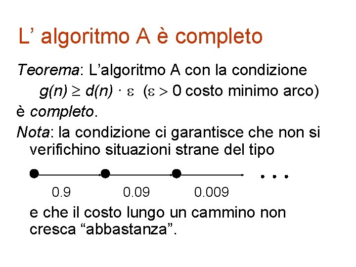 L’ algoritmo A è completo Teorema: L’algoritmo A con la condizione g(n) d(n) ·