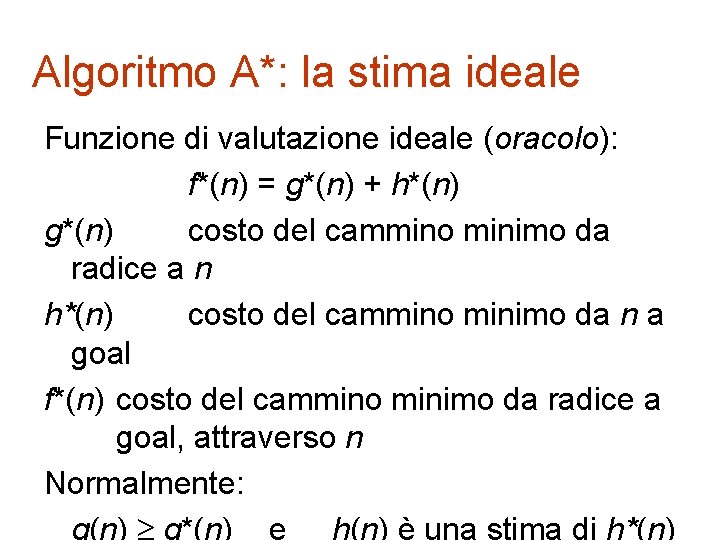 Algoritmo A*: la stima ideale Funzione di valutazione ideale (oracolo): f*(n) = g*(n) +