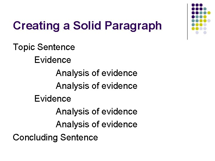 Creating a Solid Paragraph Topic Sentence Evidence Analysis of evidence Concluding Sentence 