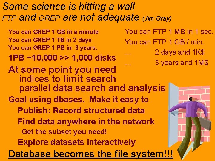 Some science is hitting a wall FTP and GREP are not adequate (Jim Gray) Some science is hitting a wall FTP and GREP are not adequate (Jim Gray)