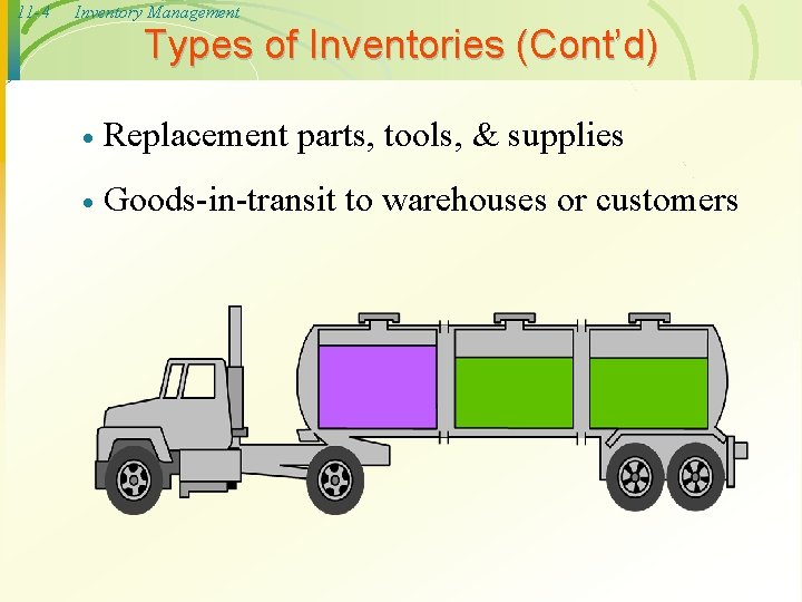11 -4 Inventory Management Types of Inventories (Cont’d) · Replacement parts, tools, & supplies