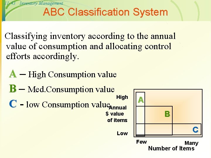 11 -43 Inventory Management ABC Classification System Classifying inventory according to the annual value