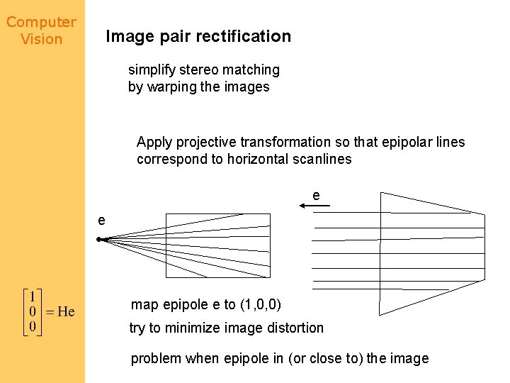 Computer Vision Image pair rectification simplify stereo matching by warping the images Apply projective