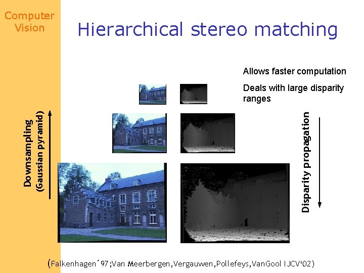 Computer Vision Hierarchical stereo matching Allows faster computation Disparity propagation (Gaussian pyramid) Downsampling Deals