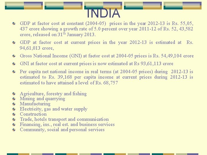 INDIA GDP at factor cost at constant (2004 -05) prices in the year 2012