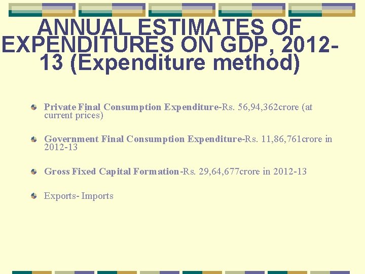 ANNUAL ESTIMATES OF EXPENDITURES ON GDP, 201213 (Expenditure method) Private Final Consumption Expenditure-Rs. 56,
