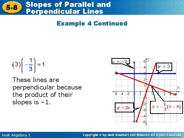5 -8 Slopes of Parallel and Perpendicular Lines Example 4 Continued x = –