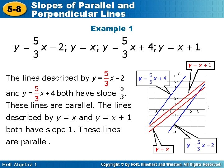 5 -8 Slopes of Parallel and Perpendicular Lines Example 1 The lines described by