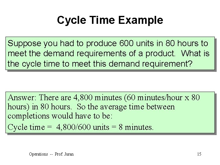 Cycle Time Example Suppose you had to produce 600 units in 80 hours to