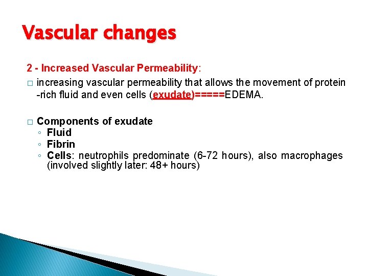 Vascular changes 2 - Increased Vascular Permeability: � increasing vascular permeability that allows the