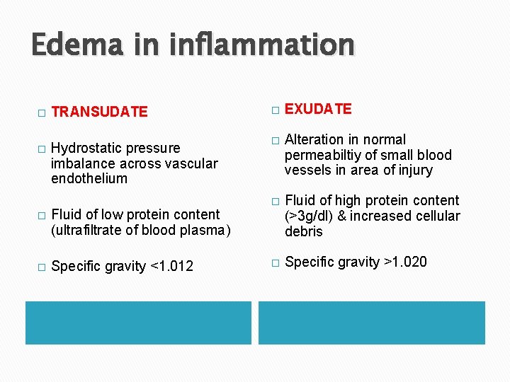 Edema in inflammation � TRANSUDATE � EXUDATE � Hydrostatic pressure imbalance across vascular endothelium