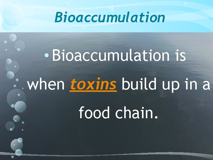 Bioaccumulation • Bioaccumulation is when toxins build up in a food chain. 