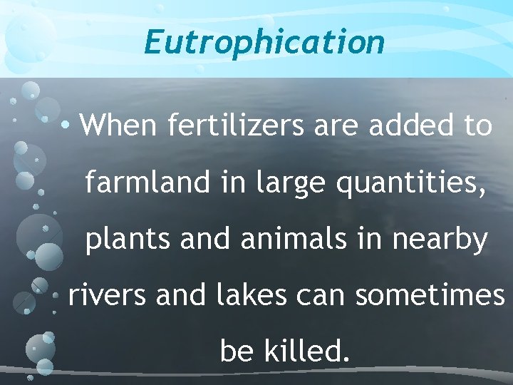 Eutrophication • When fertilizers are added to farmland in large quantities, plants and animals