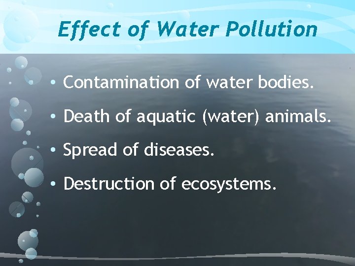 Effect of Water Pollution • Contamination of water bodies. • Death of aquatic (water)