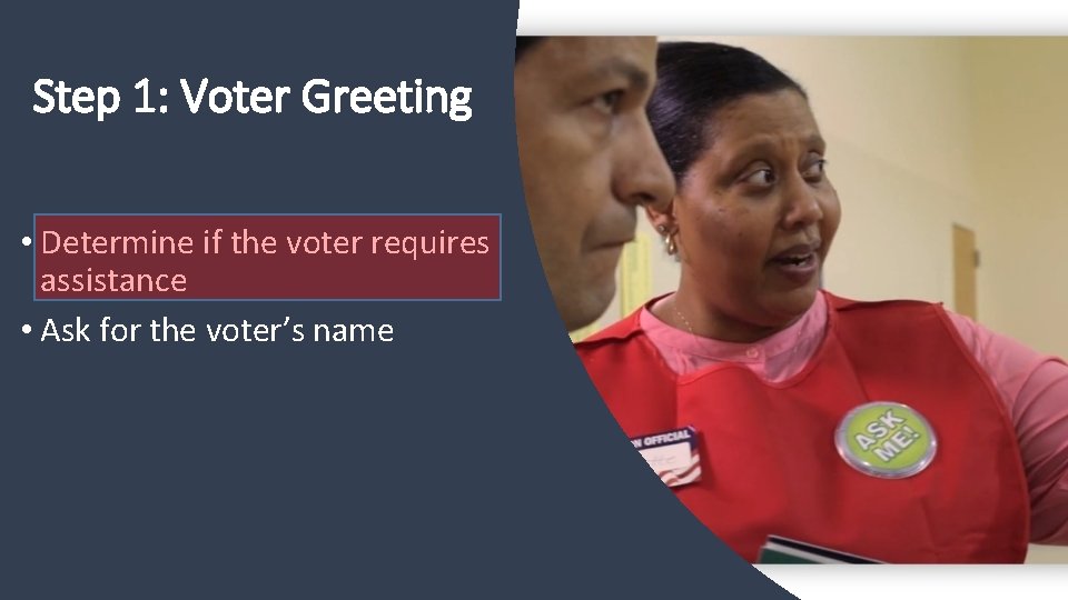 Step 1: Voter Greeting • Determine if the voter requires assistance • Ask for