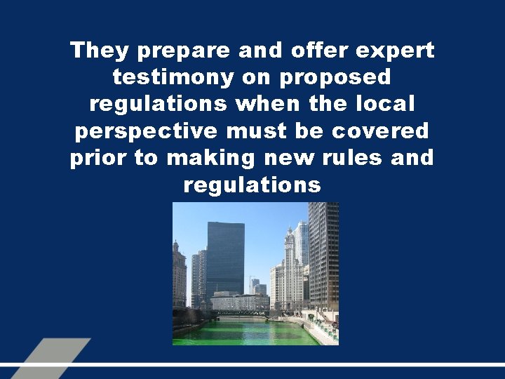 They prepare and offer expert testimony on proposed regulations when the local perspective must
