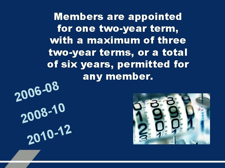 Members are appointed for one two-year term, with a maximum of three two-year terms,