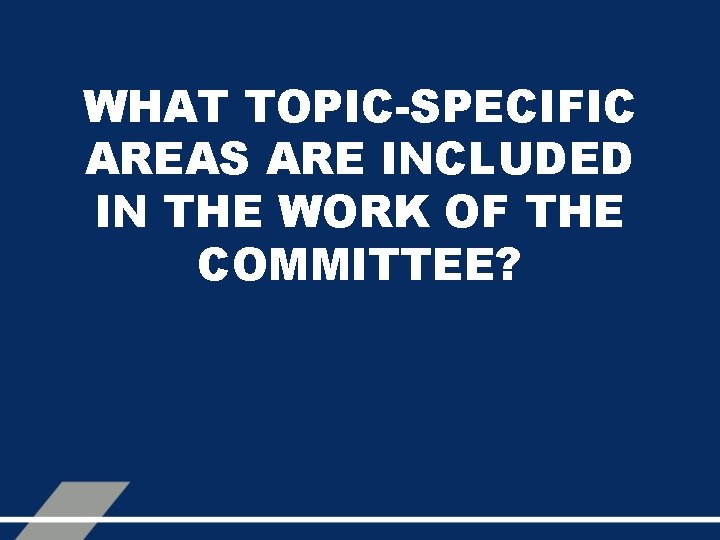 WHAT TOPIC-SPECIFIC AREAS ARE INCLUDED IN THE WORK OF THE COMMITTEE? 