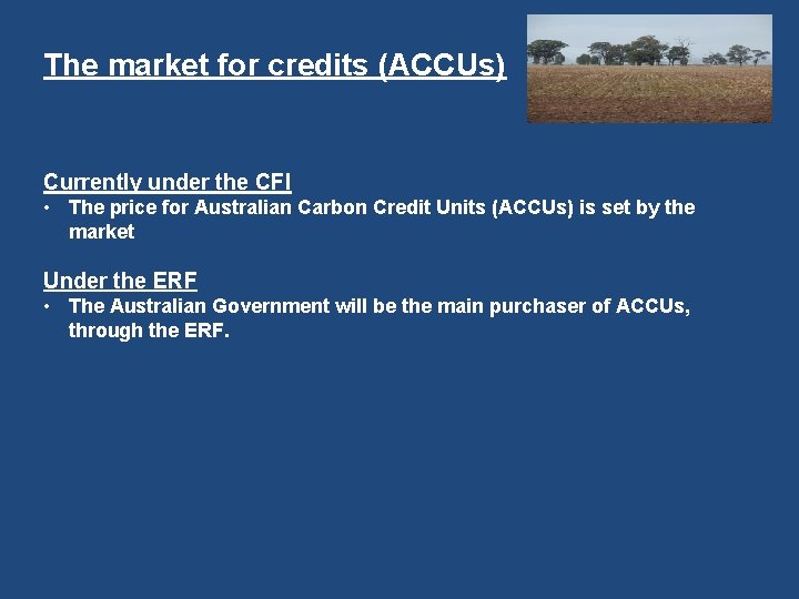 The market for credits (ACCUs) Currently under the CFI • The price for Australian
