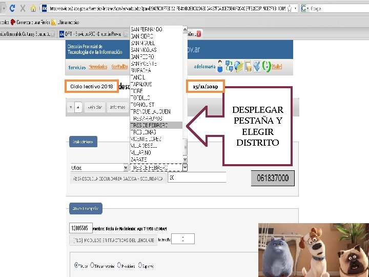 Ciclo lectivo 2018 15/11/2019 DESPLEGAR PESTAÑA Y ELEGIR DISTRITO 