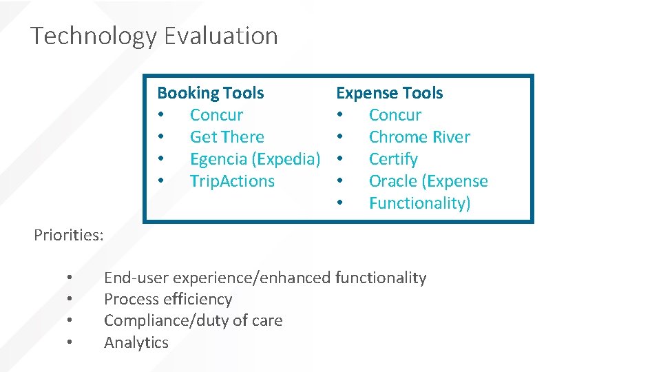 Technology Evaluation Booking Tools • Concur • Get There • Egencia (Expedia) • Trip.
