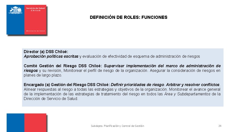 DEFINICIÓN DE ROLES: FUNCIONES Director (a) DSS Chiloé: Aprobación políticas escritas y evaluación de