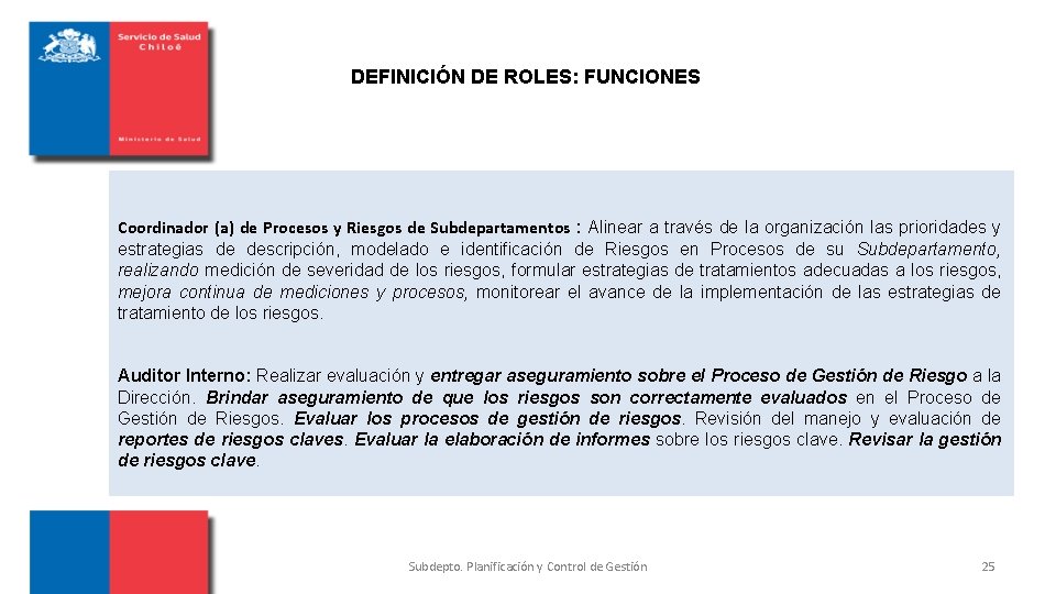 DEFINICIÓN DE ROLES: FUNCIONES Coordinador (a) de Procesos y Riesgos de Subdepartamentos : Alinear