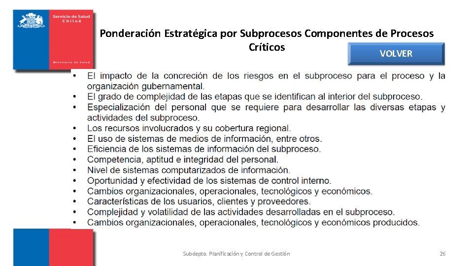 Ponderación Estratégica por Subprocesos Componentes de Procesos Críticos VOLVER Subdepto. Planificación y Control de