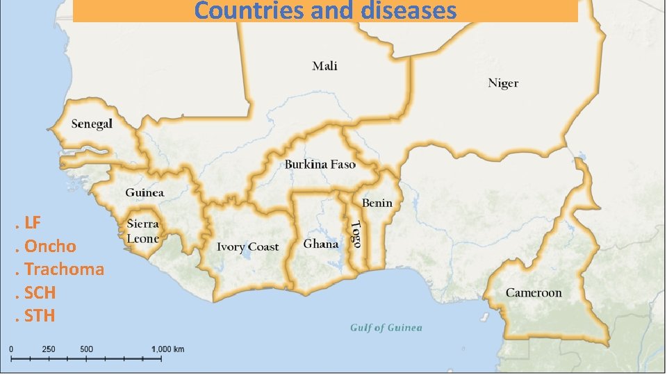 Countries and diseases . LF. Oncho. Trachoma. SCH. STH 