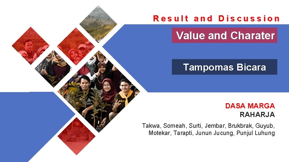 Result and Discussion Value and Charater Tampomas Bicara DASA MARGA RAHARJA Takwa, Someah, Surti,