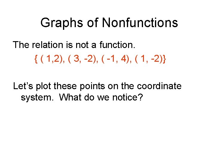 Graphs of Nonfunctions The relation is not a function. { ( 1, 2), ( Graphs of Nonfunctions The relation is not a function. { ( 1, 2), (