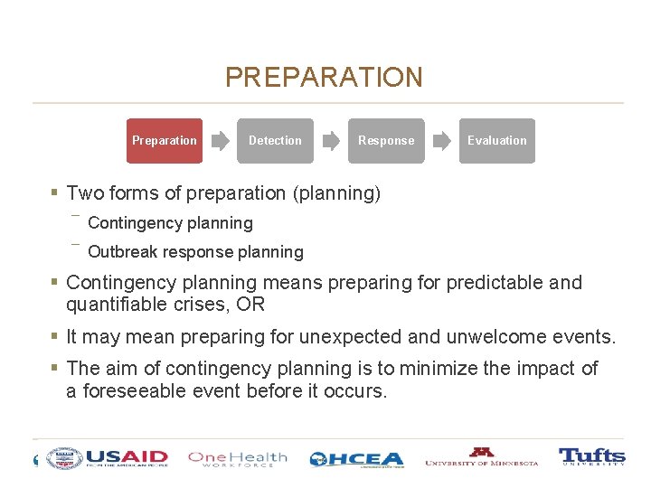 PREPARATION Preparation Detection Response Evaluation § Two forms of preparation (planning) ― Contingency planning PREPARATION Preparation Detection Response Evaluation § Two forms of preparation (planning) ― Contingency planning
