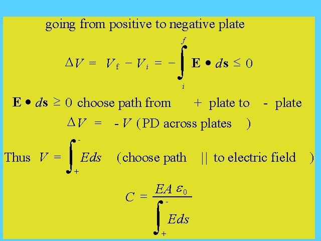 going from positive to negative plate Calculating Capacitance in General DV = V V