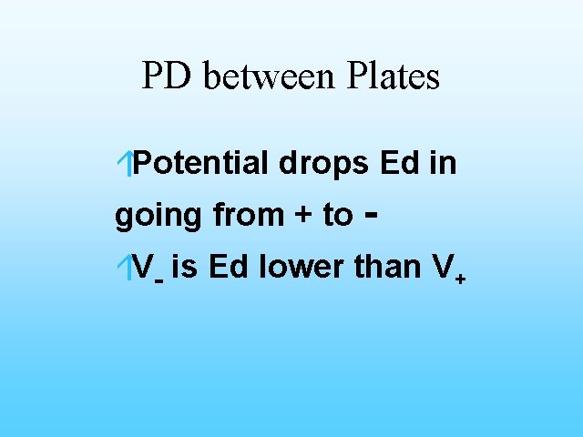 PD between Plates áPotential drops Ed in going from + to - áV- is