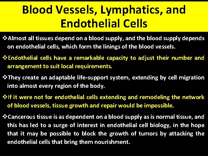 Blood Vessels, Lymphatics, and Endothelial Cells v. Almost all tissues depend on a blood